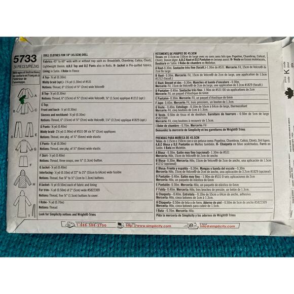 Simplicity sewing pattern 5733 18" doll clothes - Picture 3 of 5